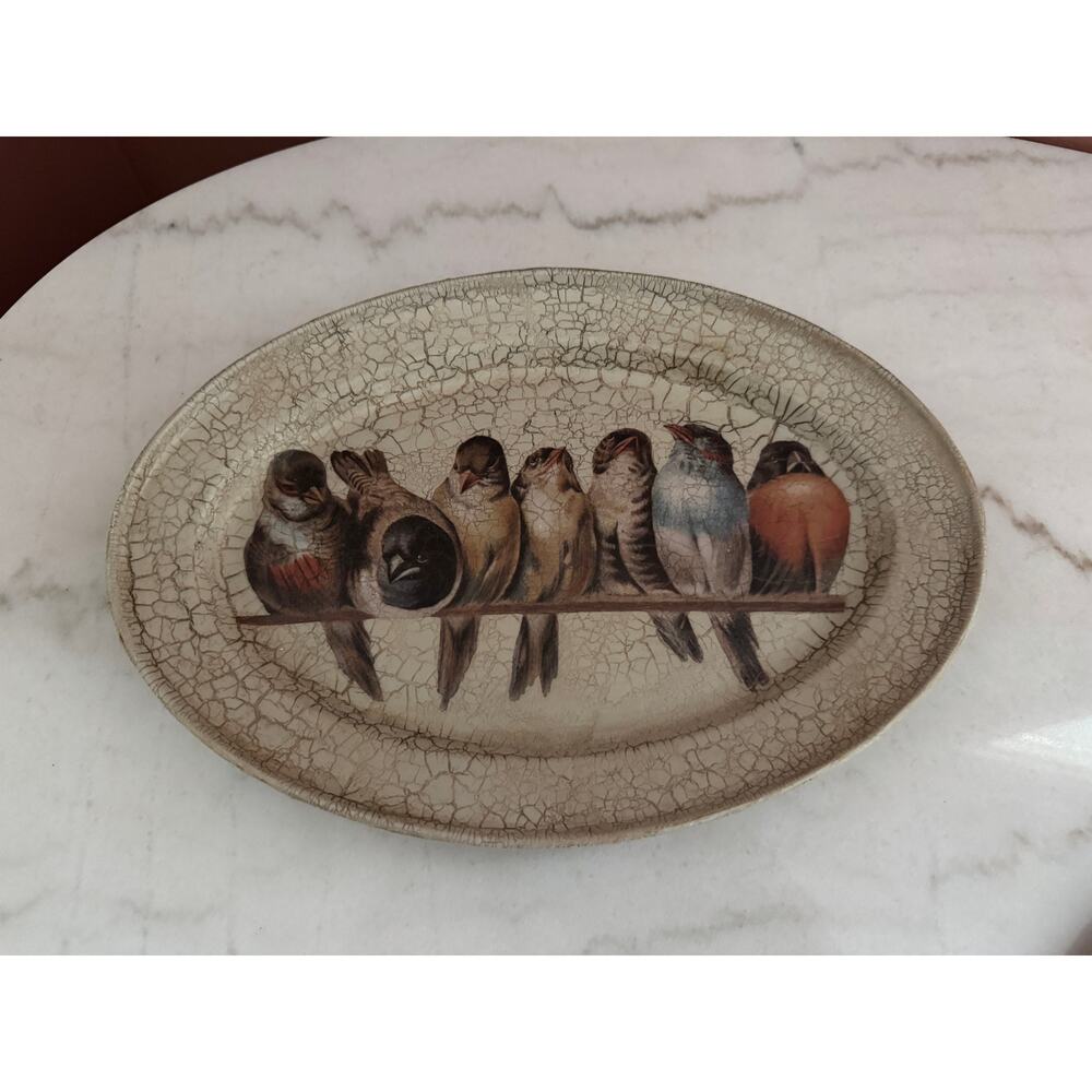 Upcycled Bird Wall Art Oval Metal Tray 8x12 Cottagecore Farmhouse